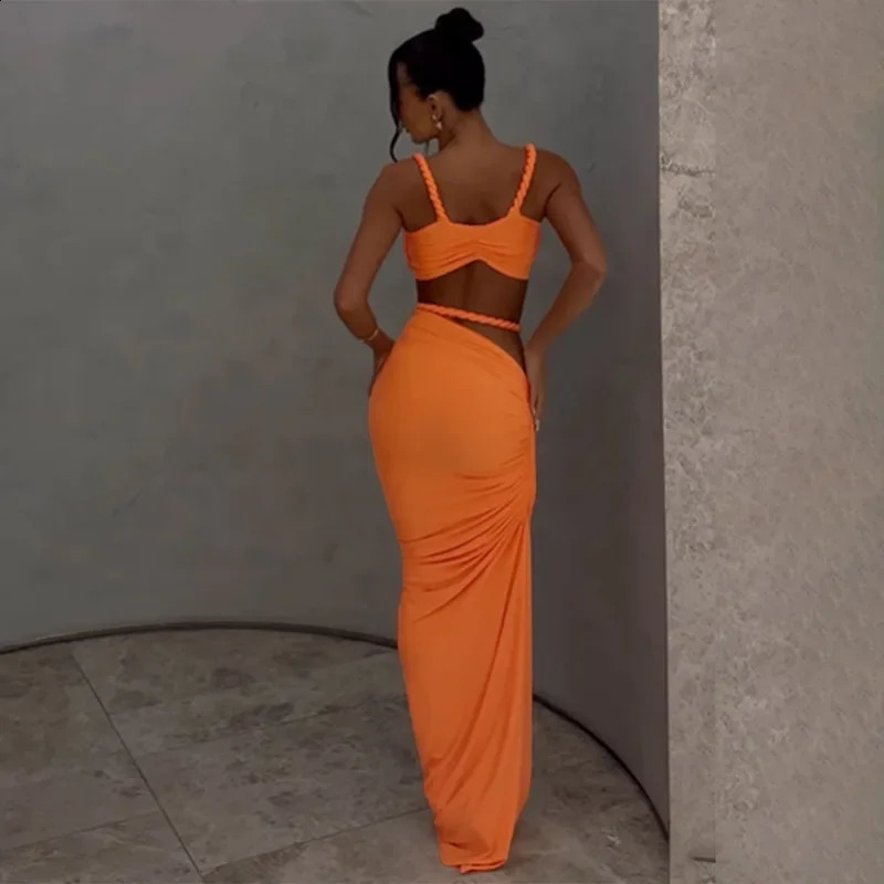 Summer Bandage Ruffle Beach Dress Set Womens Sleeveless Backless Top Tight corset Maxi Long Sleeve Two Piece Matching 250318