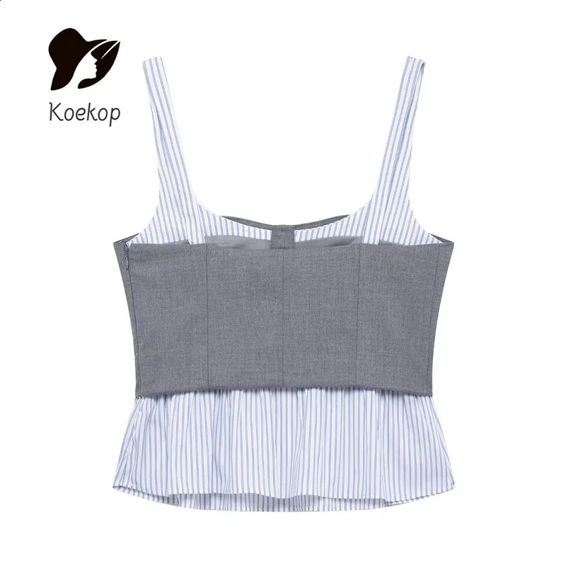 Koekop Womens Fashion Poplin Striped Round Neck Shoulder Strap Top and Retro Casual High Waist Mini Skirt 250318