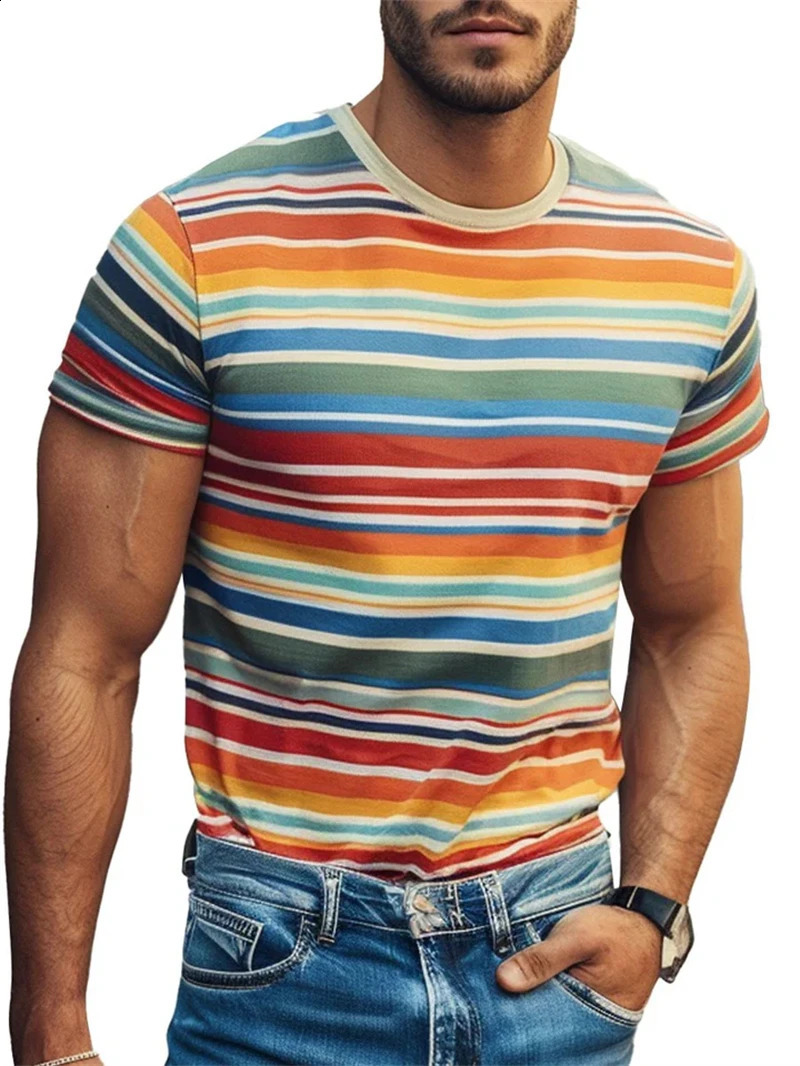 Fashion Stripe 3D Printed T Shirts For Men Summer Casual Crew Neck Short Sleeve Tshirt Loose Vintage Breathable Tees Pullovers 250319