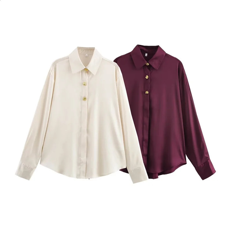 Womens pure satin shirt with gold buttons long sleeved loose top 250319