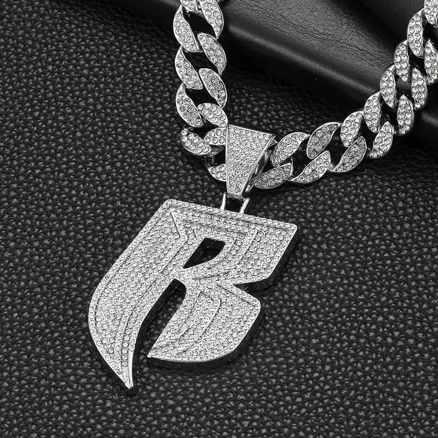 15MM Iced out miami chain with Alloy and bling rhinestone punk B letter pendant necklace 250313