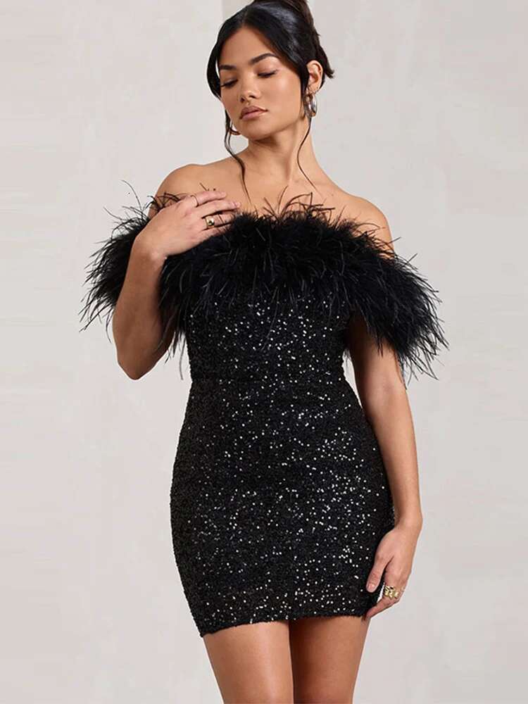 dongdumaoyi Chic Solid Feather Patchwork Women Mini Dress Elegant Sequins Off shoulder Slim Female Dress Sexy Sleeveless Lady Party Robe