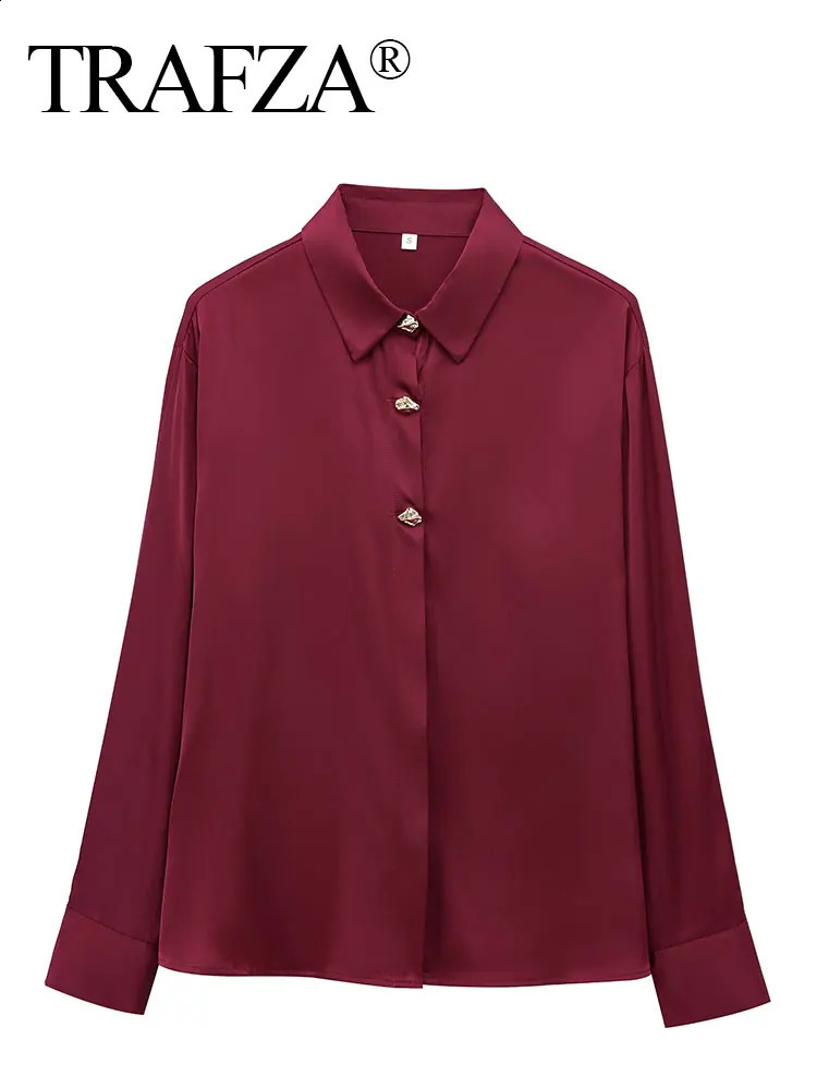 TRAFZA Womens Fashion Wine Red Shirt Retro Gold Button Long Sleeve 2025 SpringSummer Formal Office Casual Top 250319