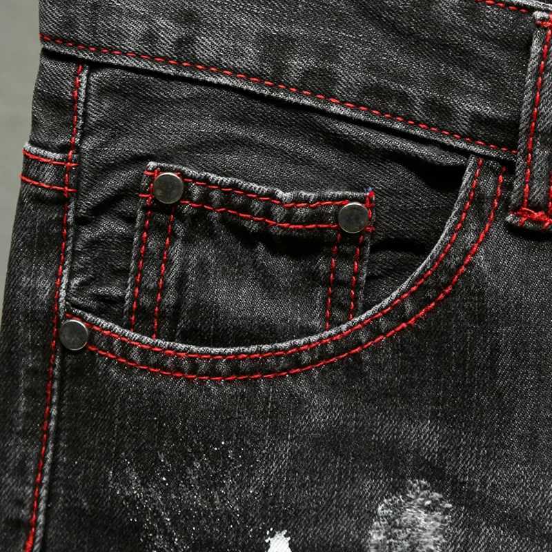 Open top denim shorts mens patch retro personality old knee pants printed fashionable painting points street hip-hop shorts W250319