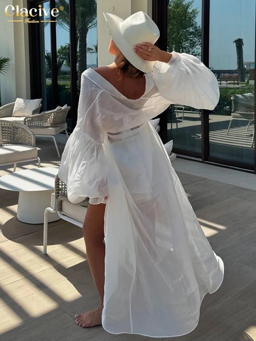 Clacive Casual Loose White 2 Piece Sets Women Outfit 2025 Elegant Long Sleeve Robes With Mid Waist Shorts Set Female Clothing 250319