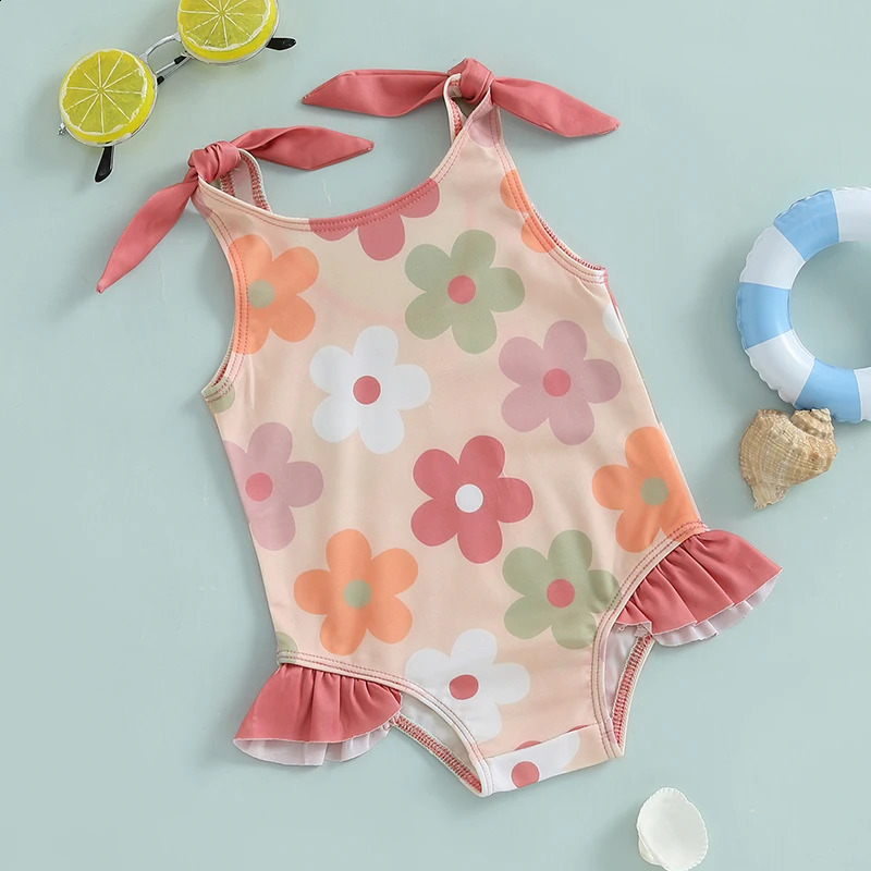 1-6T Toddler Girl Rash Guard Swimsuit Floral/Bowknot Print Sleeveless Tie Up Bathing Suit Beach Holiday Swimwear 250319