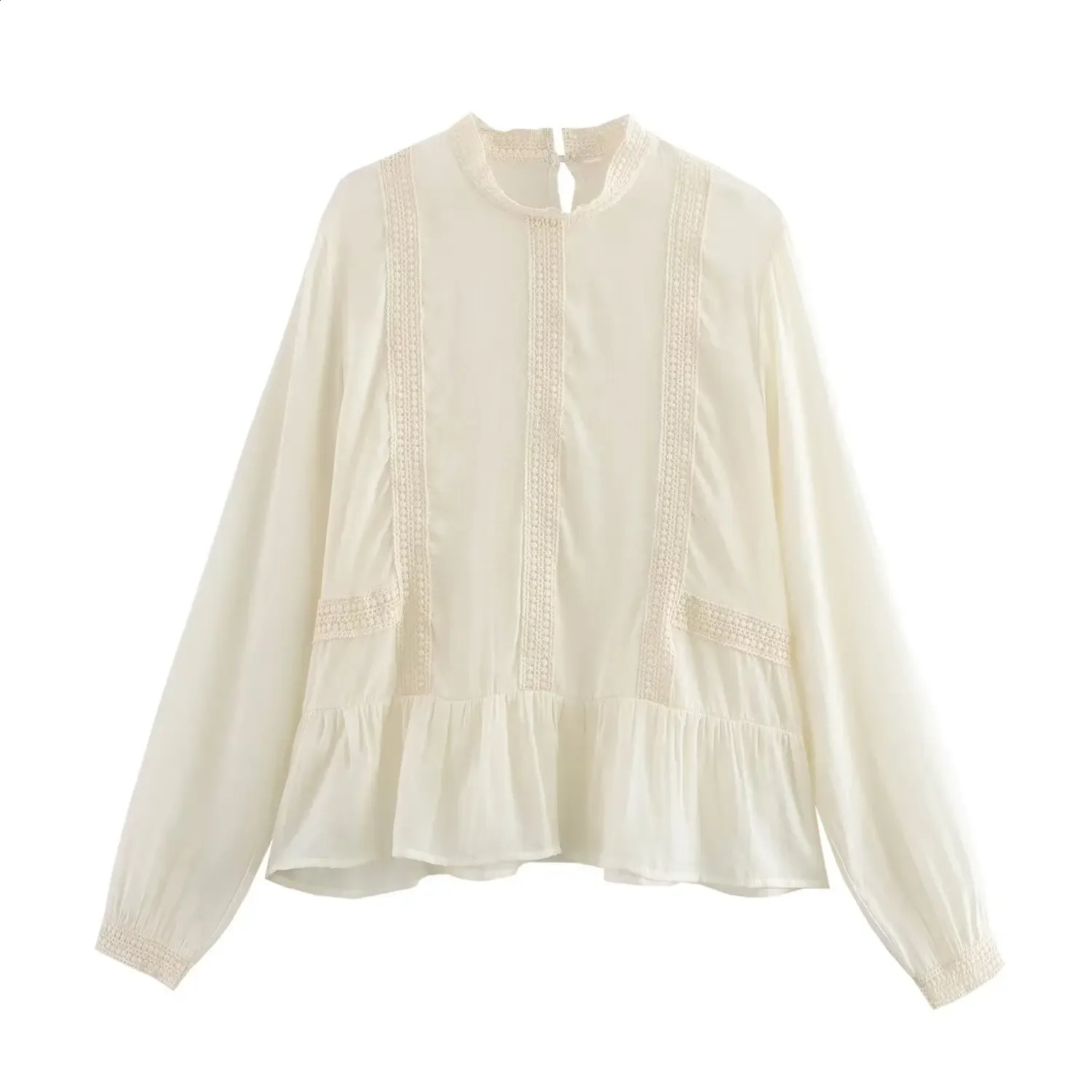 TRAFSHE Vintage Women Top Lace Splicing White Stand Collar Lady Long Sleeve Shirts Blouses Clothing 250319