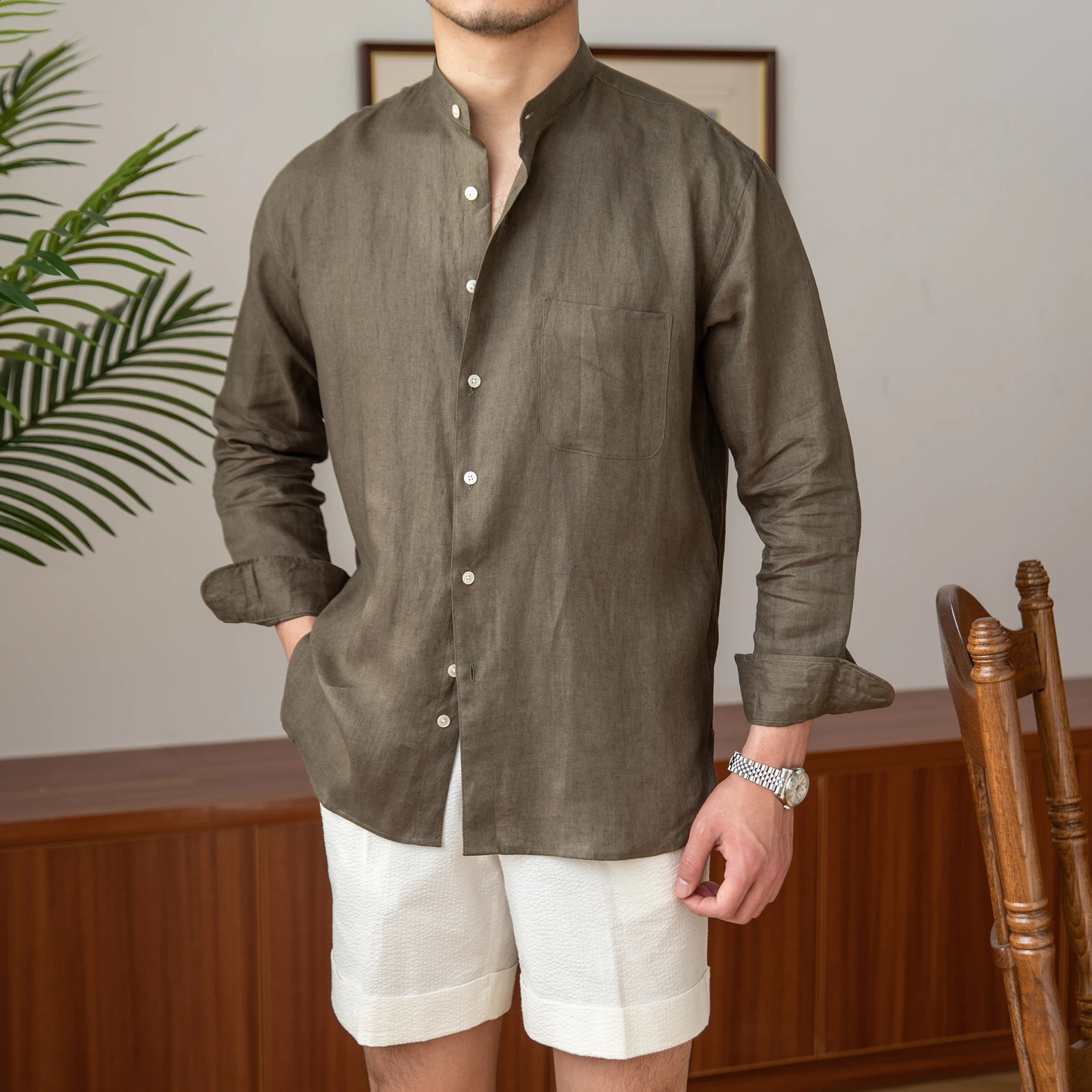 Homemade commuting lightweight mature casual breathable pure 100% linen long sleeved mens fully matched holiday collar shirt 250317