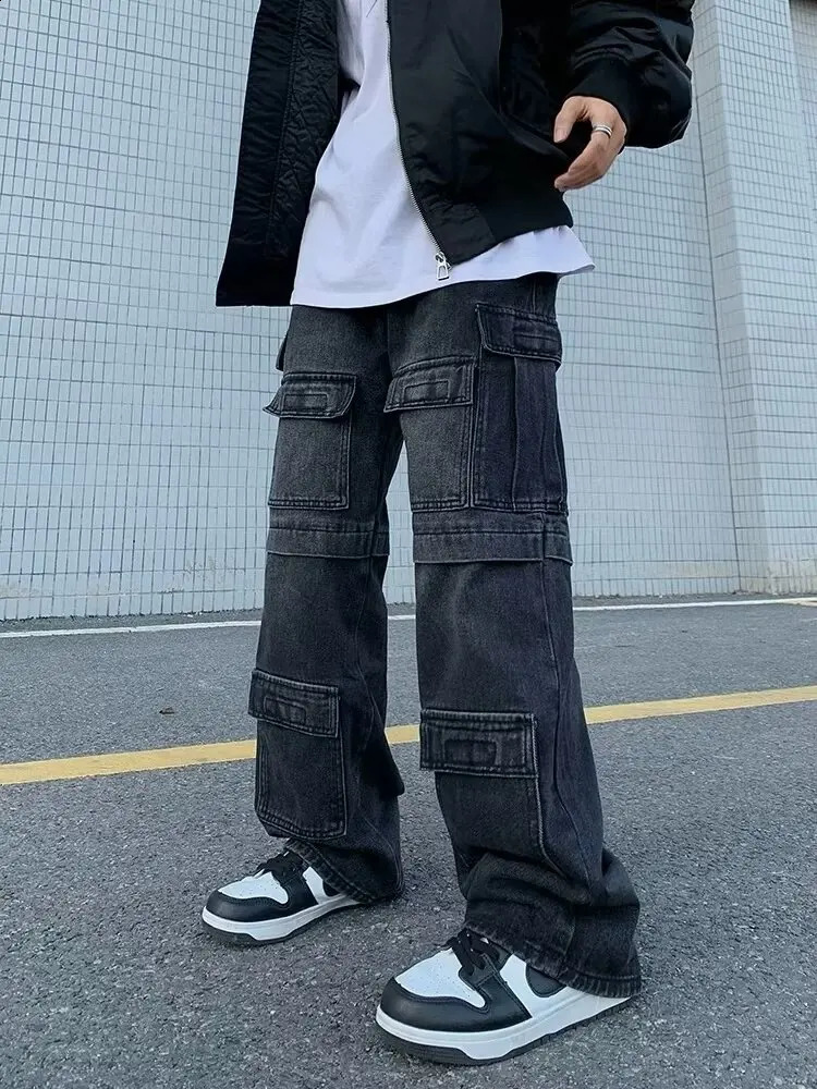 Cyber Y2K Streetwear Multi Pocket Jeans Mens Cargo Pants 90S Retro Clothing Laundry Black Cotton Pants 250317