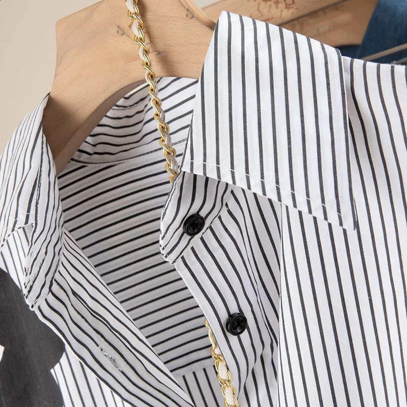 Collar striped long sleeved loose shirt and top casual single chest white streetwear womens 250319