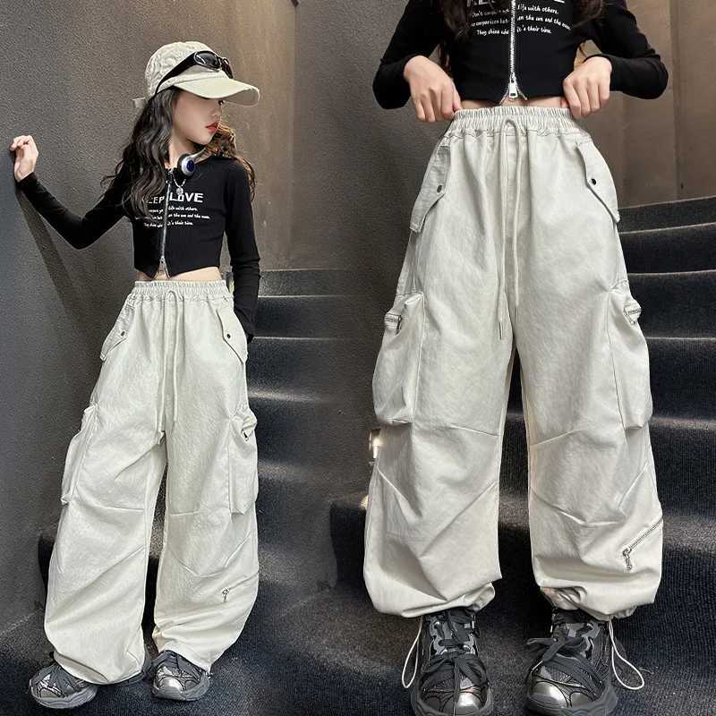 Fashion Korean Kids Spring Cargo Pants Girl from 5 12 to 14 Years Old Teens Child Casual High Street Cargo Trousers With PocketsT250318