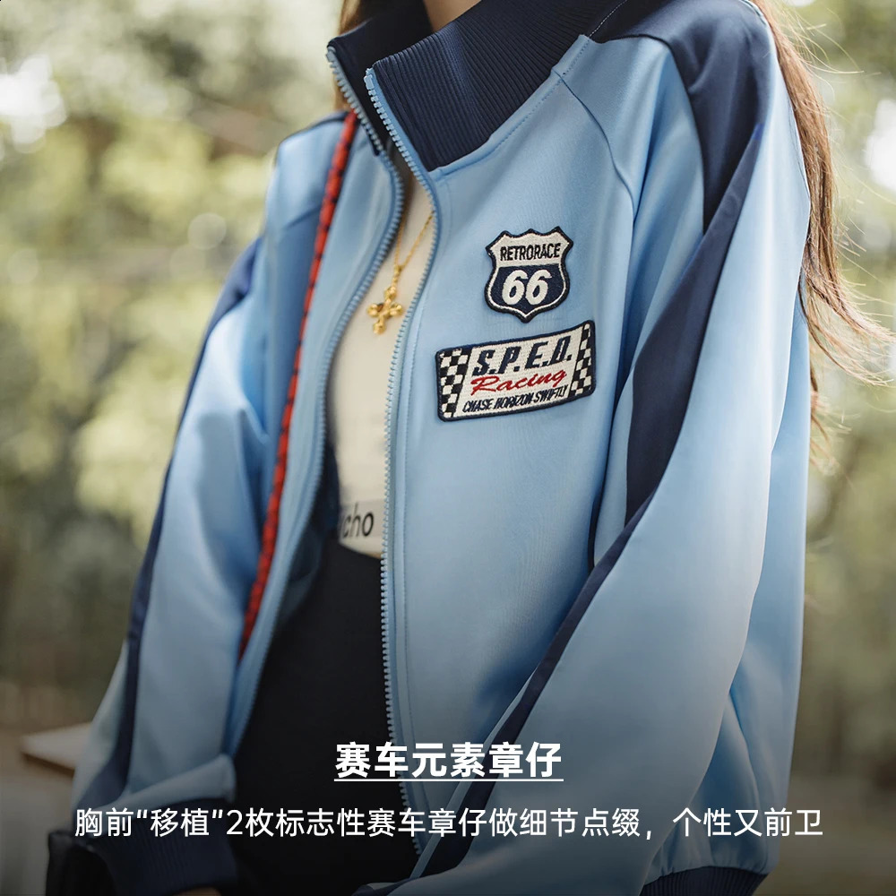 Maden womens casual contrasting color spliced zipper sports shirt retro racing badge cardigan loose jacket 250317