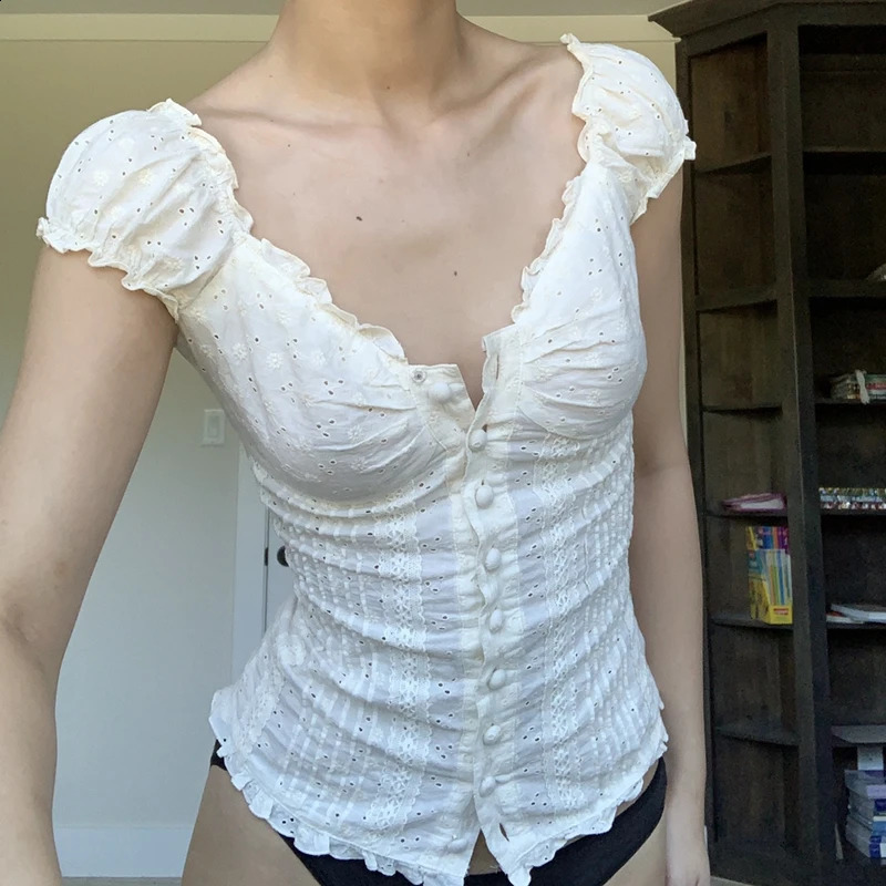 90s French Vintage Floral T-shirt Fairy Grunge Kawaii Button Frill V Neck Pullovers Tee Women Y2K Aesthetic White Crop Top Retro 250319