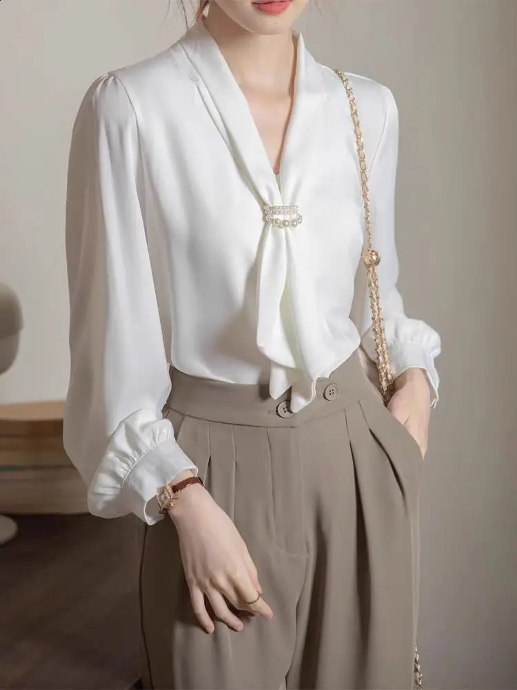 2025 Fashion Satin Shirt Womens Top Office Long Sleeve Elegant with Vneck Loose Clothing 250319