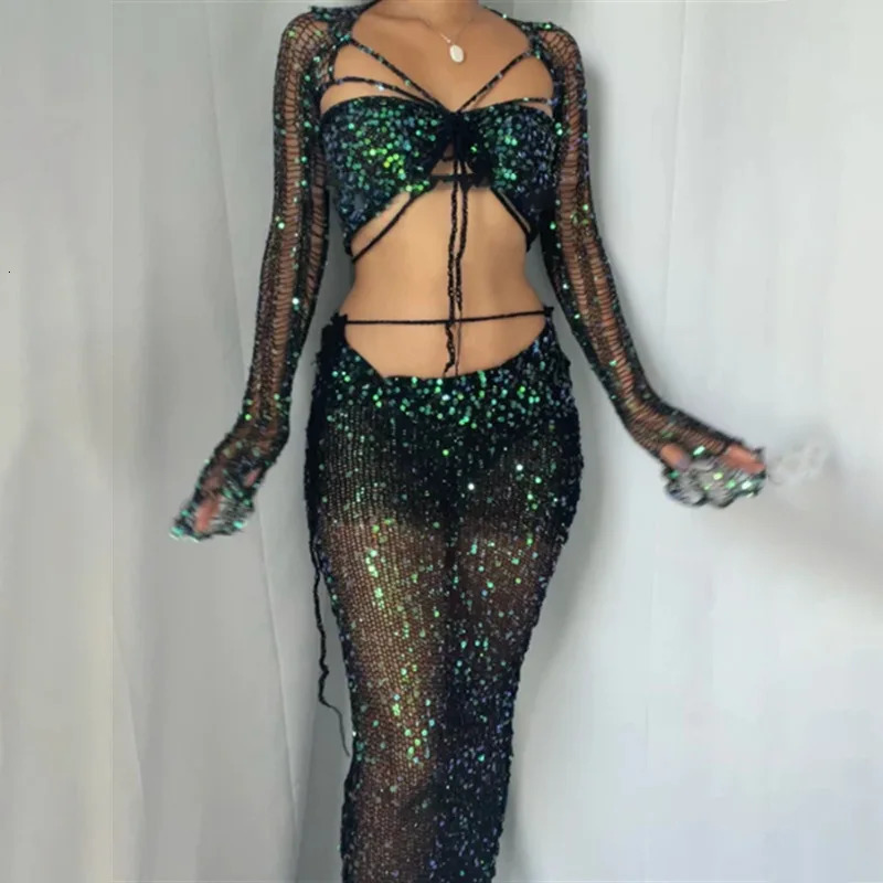 Sexy Sequined Knitted Sweater Party Dresses 3 Piece Skirt Sets Womens Outfits Flare Long Sleeve See Through Clue Wear Dress 250318