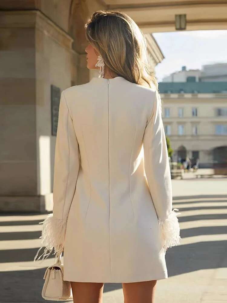 dongdumaoyi Chic Feather Decor Women Dresses Elegant High Neck Full Sleeve Slim Female Mini Dress Fashion Evening Lady Hip Package Robe