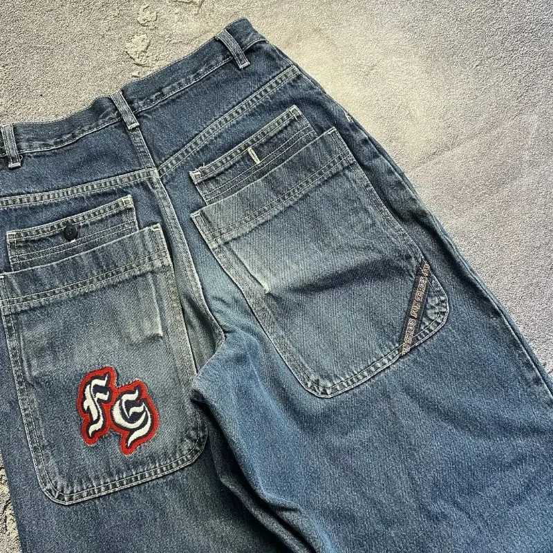2025 blue letter embroidery new high-quality straight wide-leg street-old washing trendy sports fashion jeans design sense pantsT250319