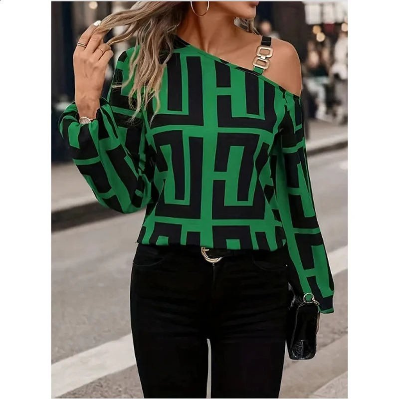 Elegant Geometric Printed Womens Shirt Spring 2025 Product Diagonal Neck Shoulder Long Sleeve Hoodie Casual for Women 250319