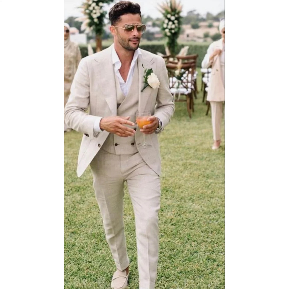 Summer Linen Men Suits 3 Piece Chic Single Breasted Lapel Outfits Fashion Daily Casual Slim Groom Wedding Party Tuxedo 250311