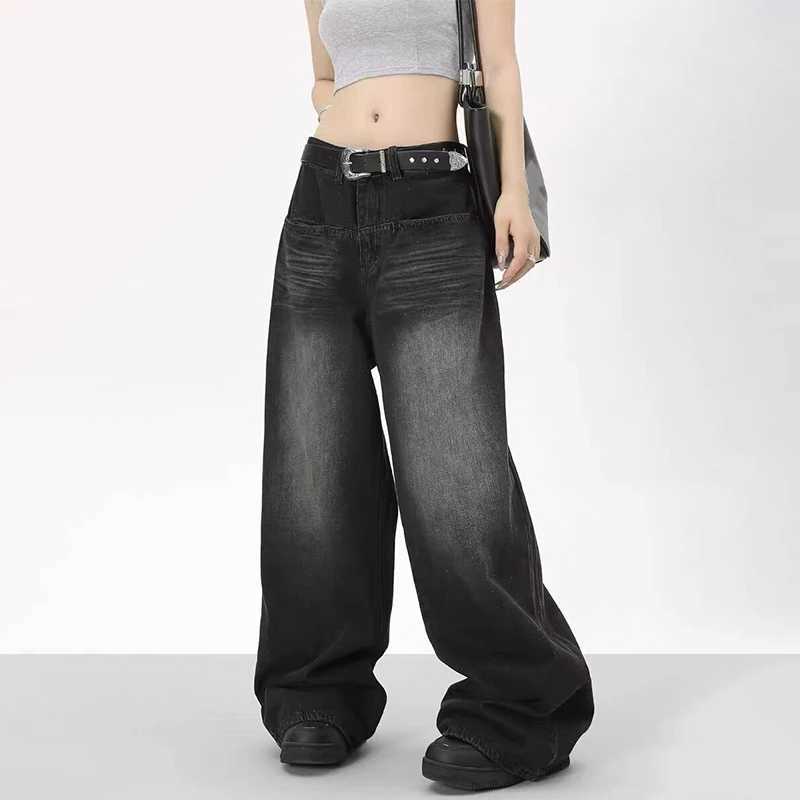 Ultra fine retro black jeans womens wide leg pants fashionable Y2K low waisted pocket jeans Trouser mens bucket jeansT250319