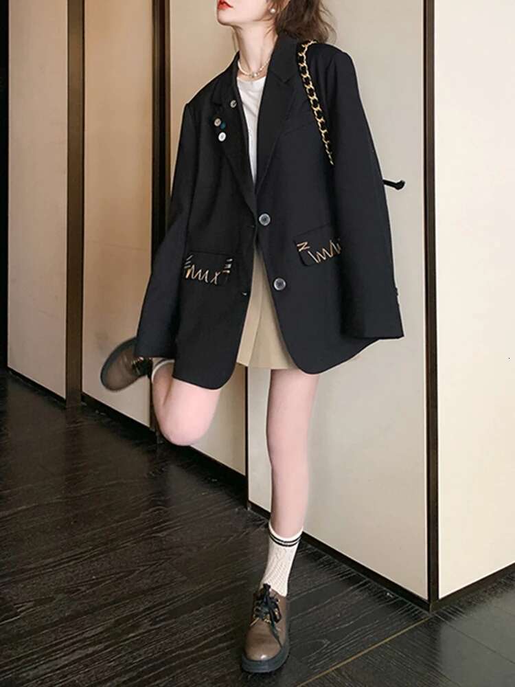 Women Black Big Size Light E Buttons Casual Blazer New Lapel Long Sleeve Jacket Fashion Tide Spring Autumn2025 30A2522