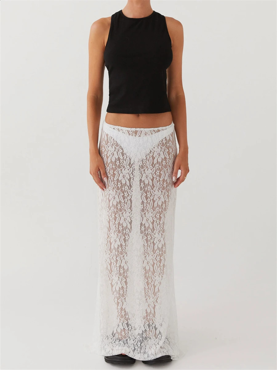 Y2K White Fairycore Boho Floral Lace Maxi Skirts Womens Sheer Low Waist Vintage Long Skirts Summer Harajuku Holiday Outfits 250319
