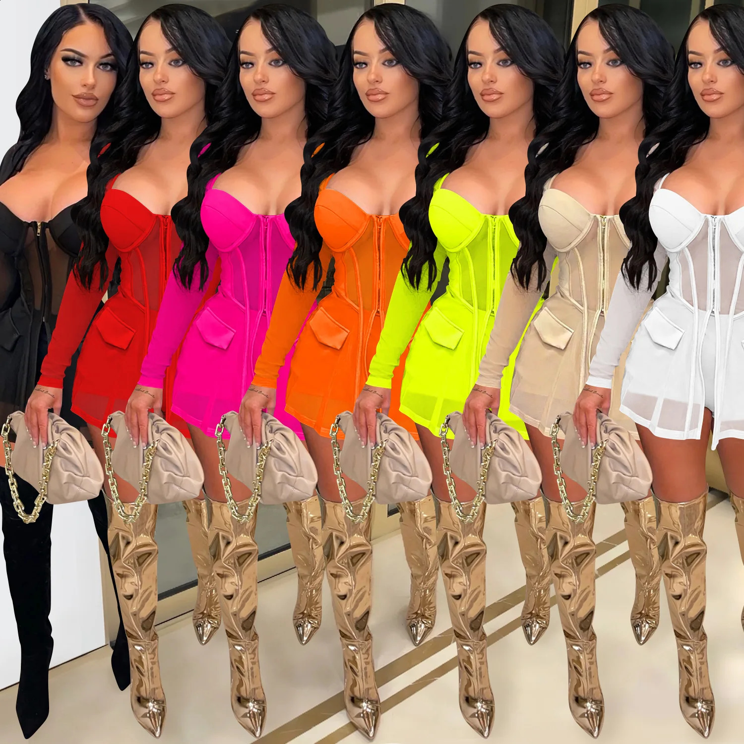 Solid transparent mesh see through long sleeved zipper shirt tight corset top and shorts 2-piece set sexy body party womens clothing 250318