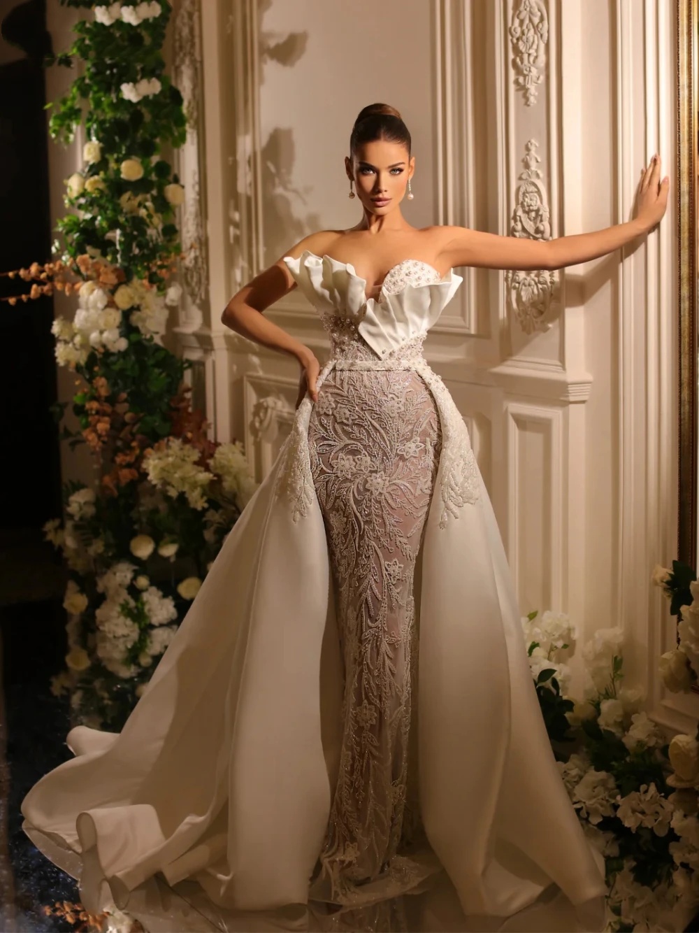 Mermaid Wedding Dress Sweetheart Neck Sleeveless Bridal Gowns Pearls Lace Sequins Detachable Train Dresses Custom Made vestidos de novia