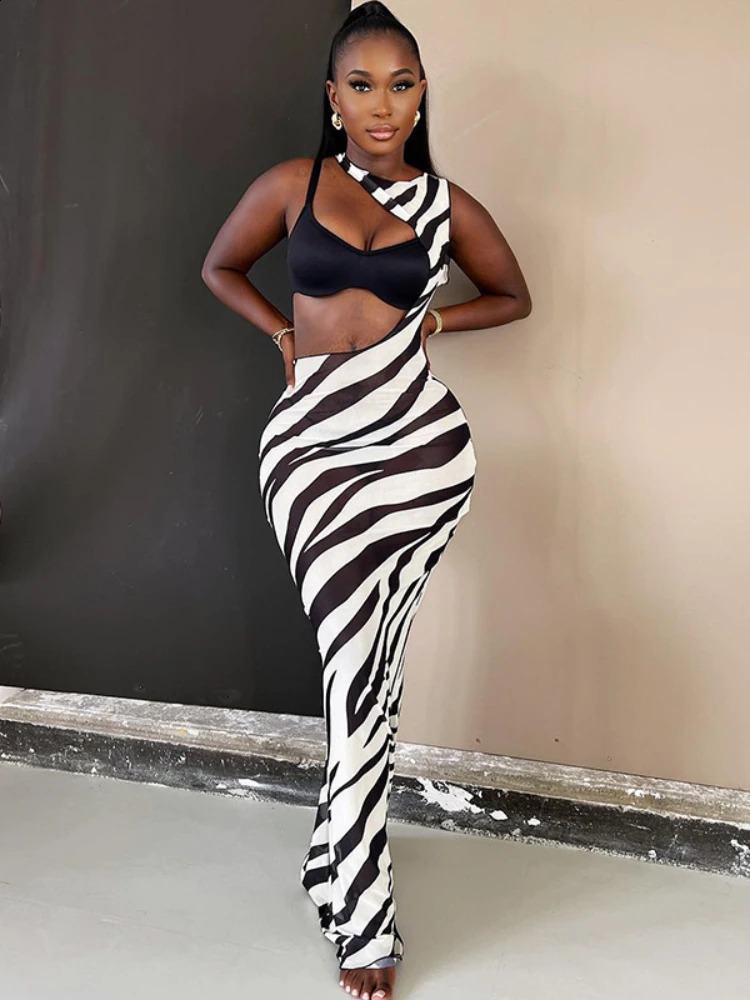 Bodycon Long Dresses For Women Beach Style Backless Vestidos De Mujer Hollow Out Sexy Robe Femme Y2k Clothes Zebra Print 250319