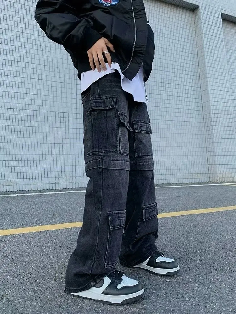 Cyber Y2K Streetwear Multi Pocket Jeans Mens Cargo Pants 90S Retro Clothing Laundry Black Cotton Pants 250317