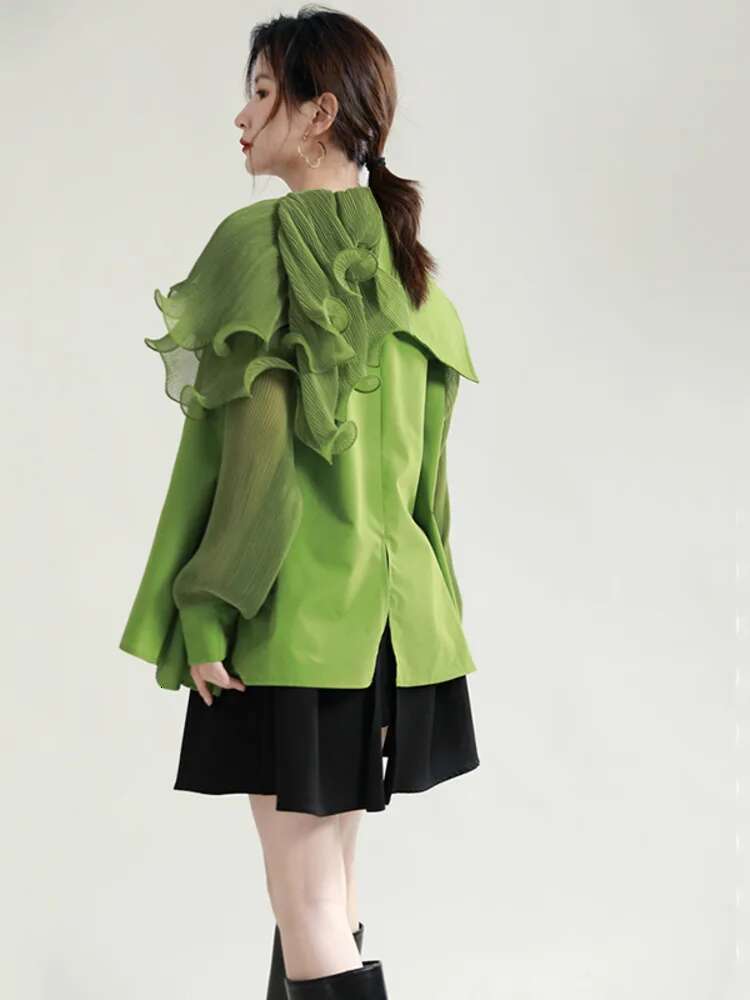 Women Green Pleated Belted Big Size Blouse New Lapel Long Sleeve Loose Fit Shirt Fashion Tide Spring Autumn 2025 1De3661