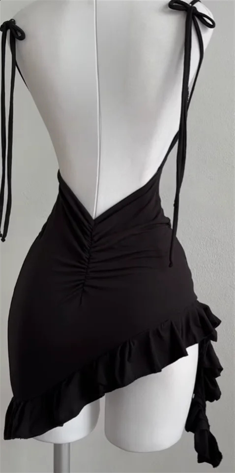 Sleeveless Backless Ruffles Mini Dress Women Summer Y2K Lace Up Black Bodycon Dresses Party Club Streetwear 2025 Sundress 250319