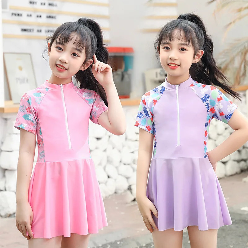 Girl One-piece Swimsuit Pink Purple Flower Print Short Sleeve Zipper Swimwear Children Teenage Girls Swim DressUnderwear Shorts 250319