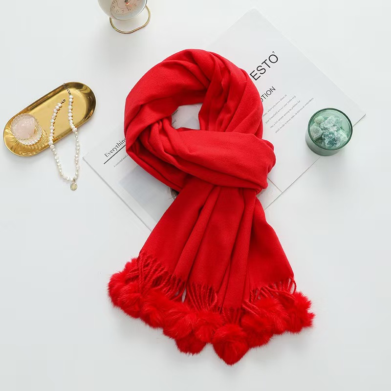 K168 Fur ball scarf for women autumn and winter all-match wool cashmere scarf shawl high-grade pure color new imitation cashmere scarf