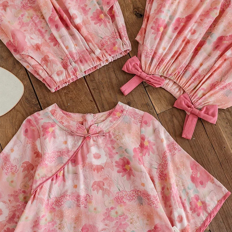 Pink Kids Girls Clothes 2025 Girls Cheongsam Top Pants Set Childrens Vest Flower Bud Pants Summer Childrens Clothing 250319
