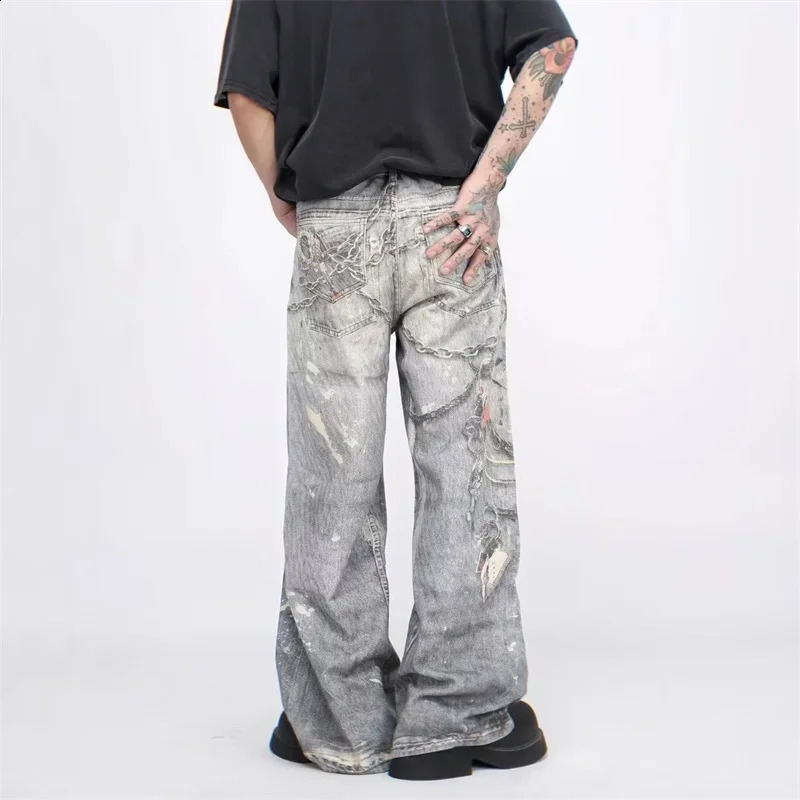 3D chain printed mens bag jeans casual straight denim pants high street wide legs Y2K blue 250319