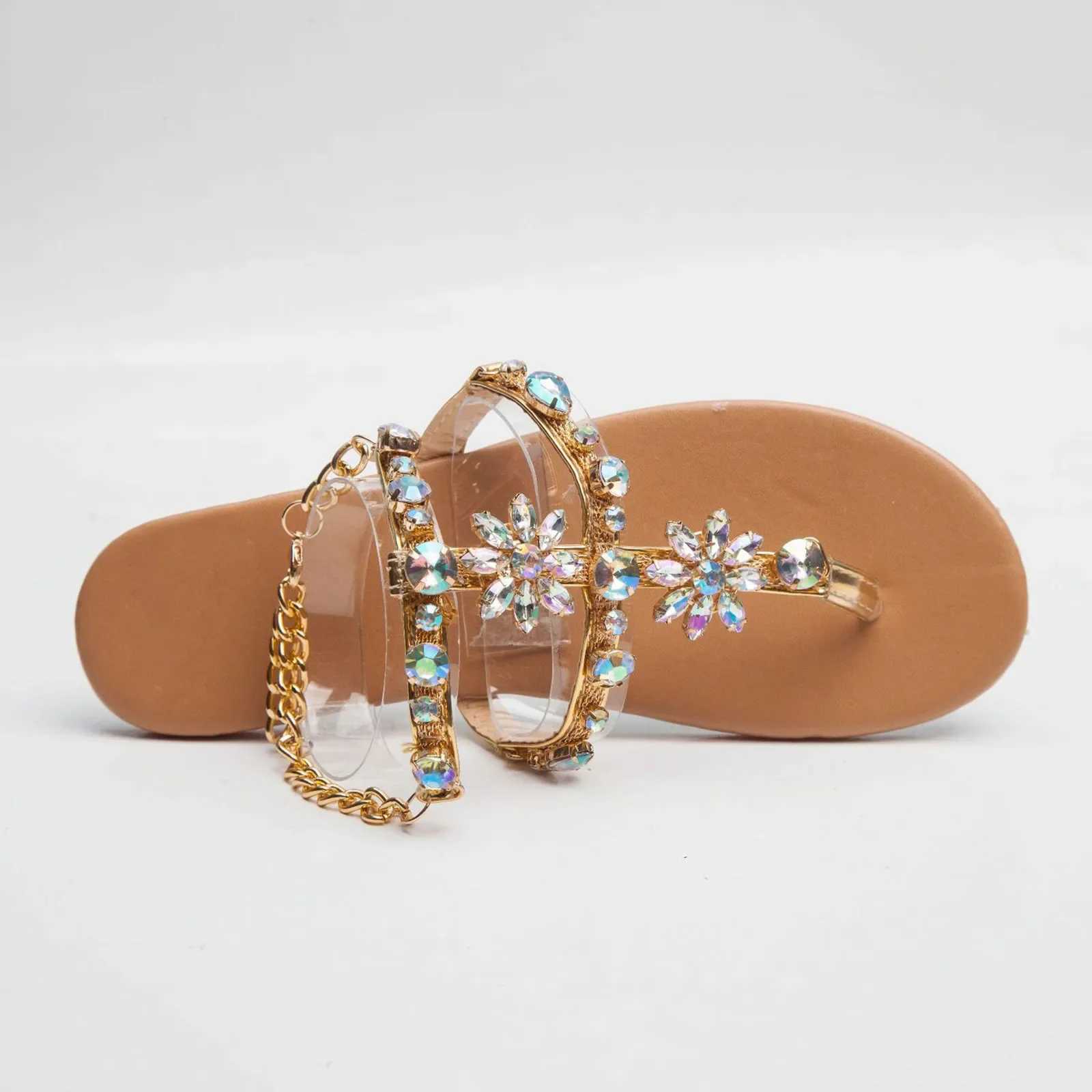 New Arrival Ladies Rhinestones Sandals Summer Beach Slippers for Women Clip Toe Chain Sandals Shiny Crystal Fashion Casual Flat Bottom Shoes T250318
