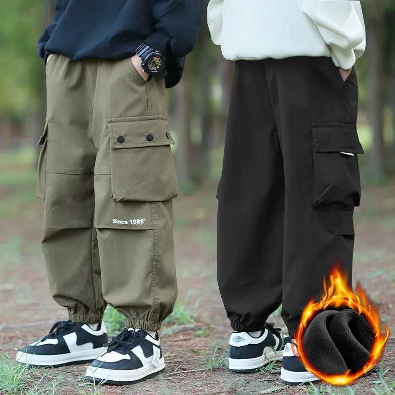 Boys Pants 2024 Autumn Winter Windproof Cargo Pants for Kids Plus Velvet Children Trousers Teenager Joggers Clothing 4-14TT250318
