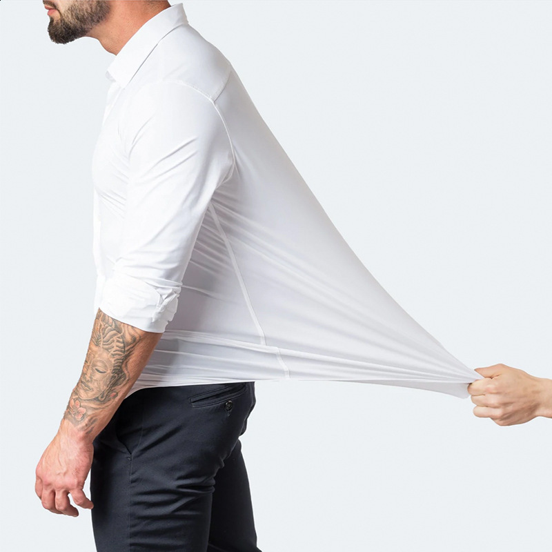 White Solid Mens Dress Shirt Long Sleeve Fashion Contrast Cuff and Collar Men Clothing Social Shirts and Blouse 250214