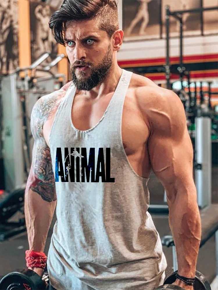 Animal letter printing gym clothing mens bodybuilding fitness vest top pure cotton racing stripe single sleeve sports shirtT250318