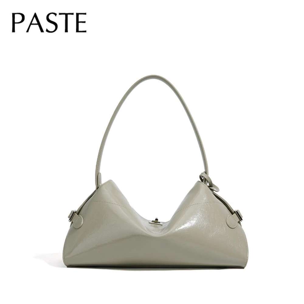 2025 New Leisure Matcha Beige Color Large Bowg Tote Oil Wax Glossy Cowhide Leather Women Handbag All-Match Commuter Purse
