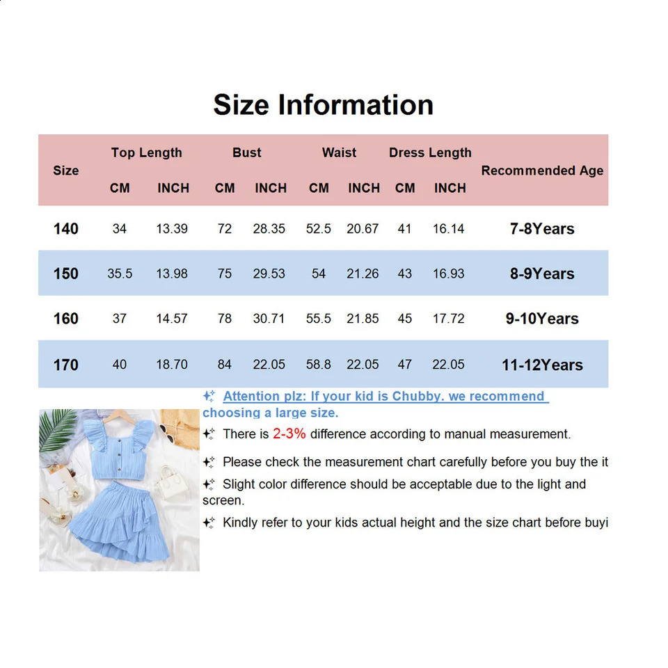 Kid Girls Summer Princess Clothing Set Flutter Sleeve Plain Color TopsShort Skirt Sweet Style Party Wear For Child 8-12 Years 250319