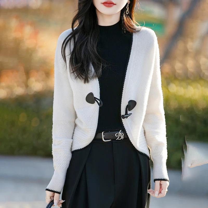 spring long sleeved knitted cardigan womens V-neck 100% wool sweater trendy fashion short cut hollow summer jacket sweater 250318