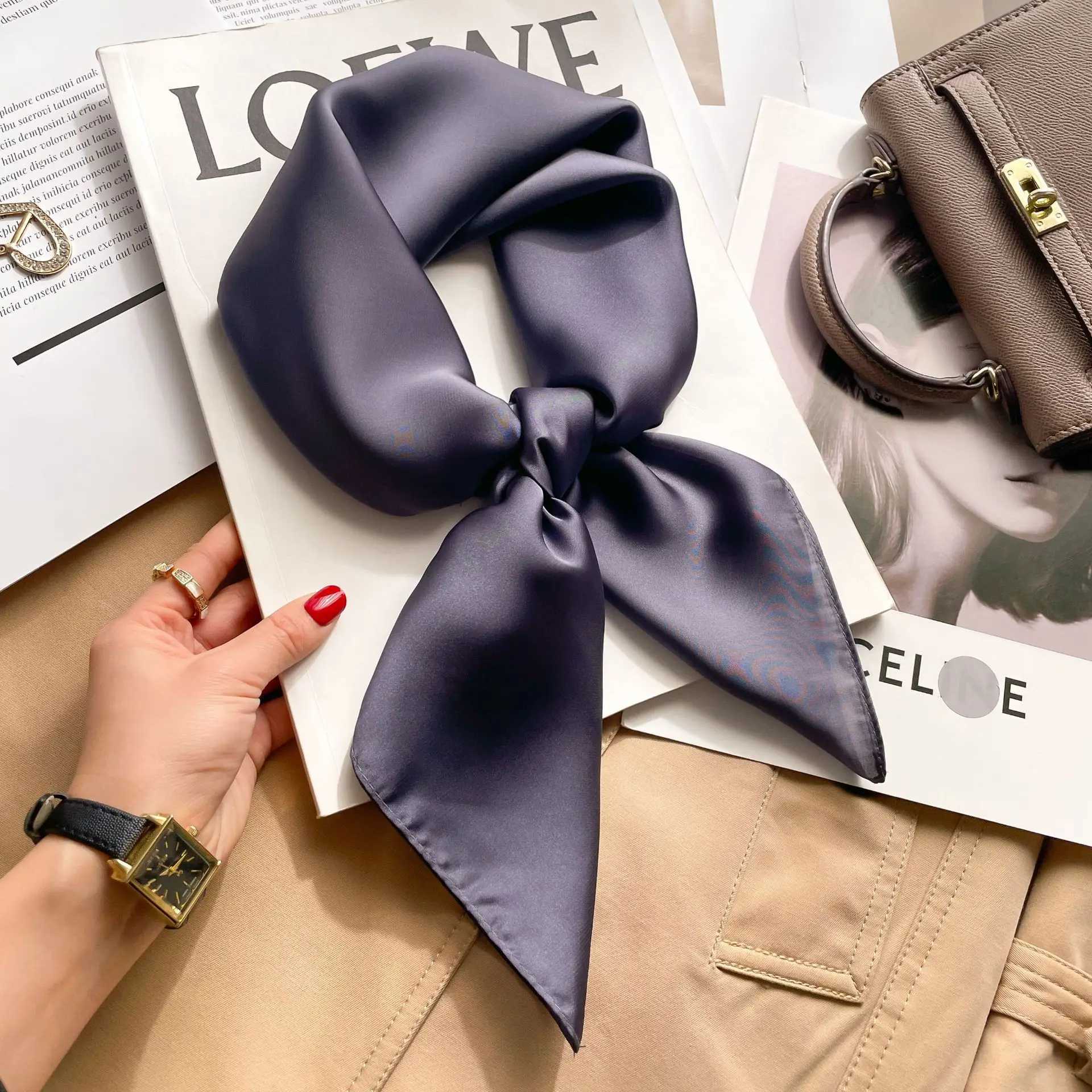 70cm Solid Neckerchief Hijab Scarf For Women Silk Satin band Hair Scarves Fem Square Shawls Scarfs For Ladies X250319