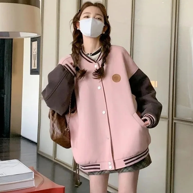 Pink Retro College Style Baseball Coat Jacket Women n Sense Splicing Casual Top 250317