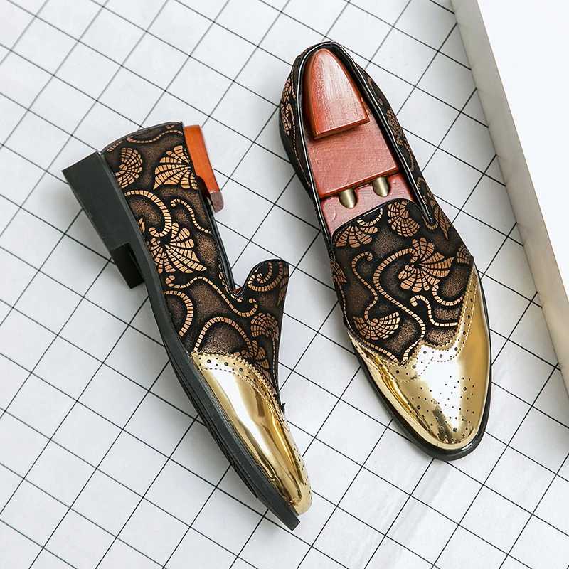 Mens dresses leather shoes mens classic gentlemens wedding ball shoes luxurious British gold blue countryside pattern Oxford HombreXJ250319