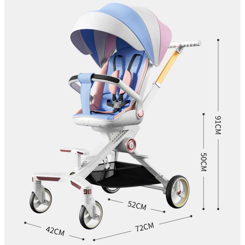 Baby stroller with 0 to 3 years of high visibility shock-absorbing four-wheel stroller that can be folded for sitting or lying down lightweight baby s