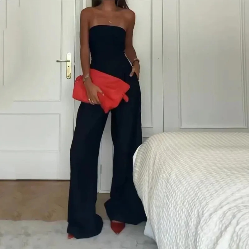 Womens Tube Top Sleeveless Jumpsuit Summer Sexy Casual Navy Blue Strapless Wide-Leg Pants Loose Romper High Streetwear Jumpsuit 250318