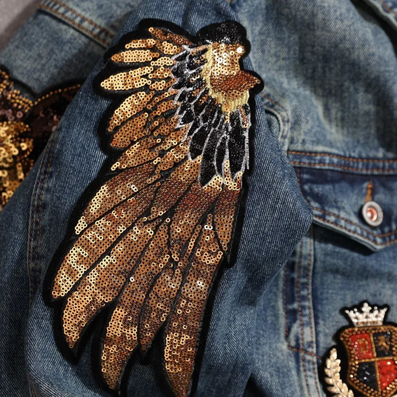personalized sequins n mens denim jacket Owl y fashion Trendy loose versatile tops 250317