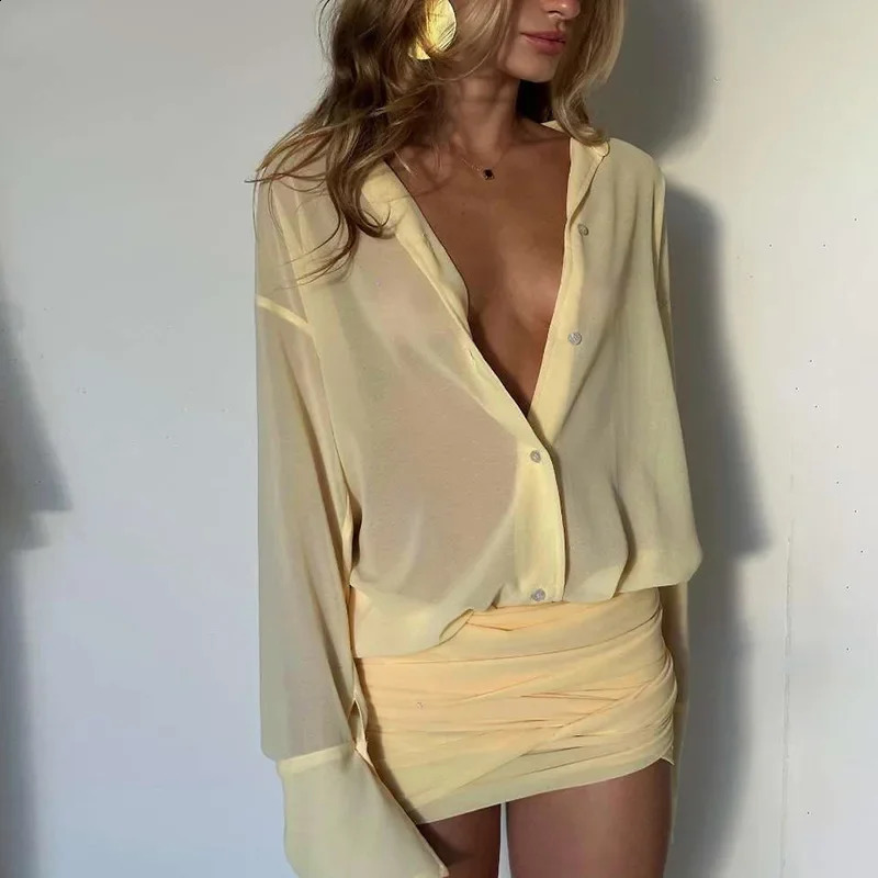 Summer Single Breasted See Through Bodycon Ruched Mini Shirt Dress Outfit Fashion Long Sleeve Lapel Beach Dresses 250318